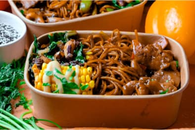 Home Singapore Noodles with corn and mushrooms with gong bao chicken Chefiesta Catering Company London
